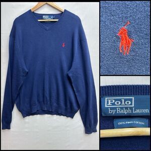 Polo Ralph Lauren Mens Classic V-Neck Pima Cotton Blue Pullover Sweater Size XXL